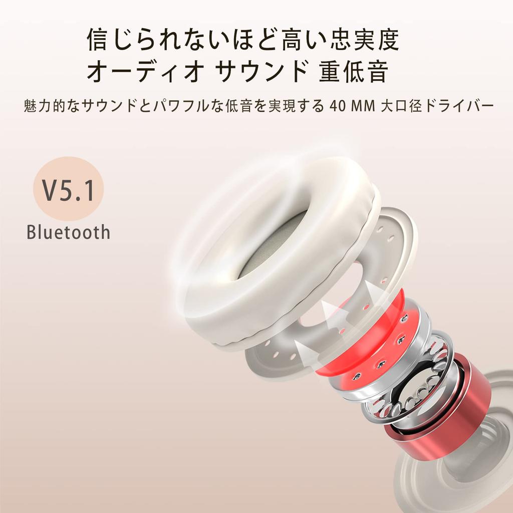 Bautylee Wireless Headphones, Bluetooth 5.1 Over-Ear Headphones, HiFi Stereo Deep Bass, No Latency, Closed-Back, Lightweight, Foldable, Built-in Mic,