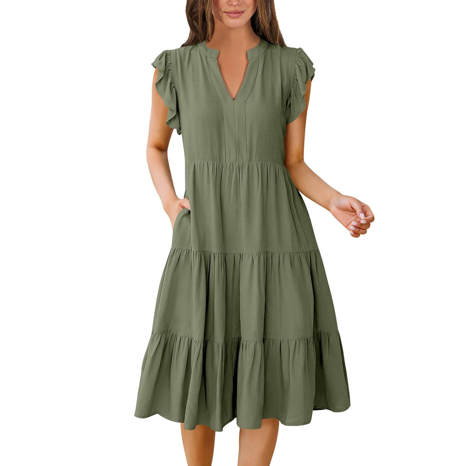 

Женские богемные однотонные летние повседневные многослойные платья с v-образным вырезом и рюшами на рукавах S