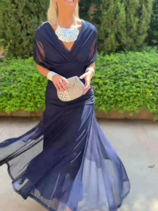 2026 European & American V-Neck Mesh Dress - Elegant Mid-length Skirt with Printed Design