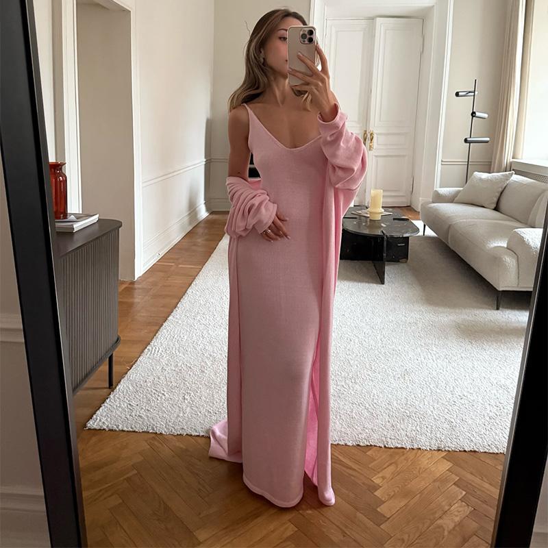 Hirsionsan Měkké Volné Sety Dámské Třídílné Dlouhý Rukáv Kardigan & Sexy Vesta Šaty Elegantní Dámské Vykrojené Oblečení Tepláková Souprava