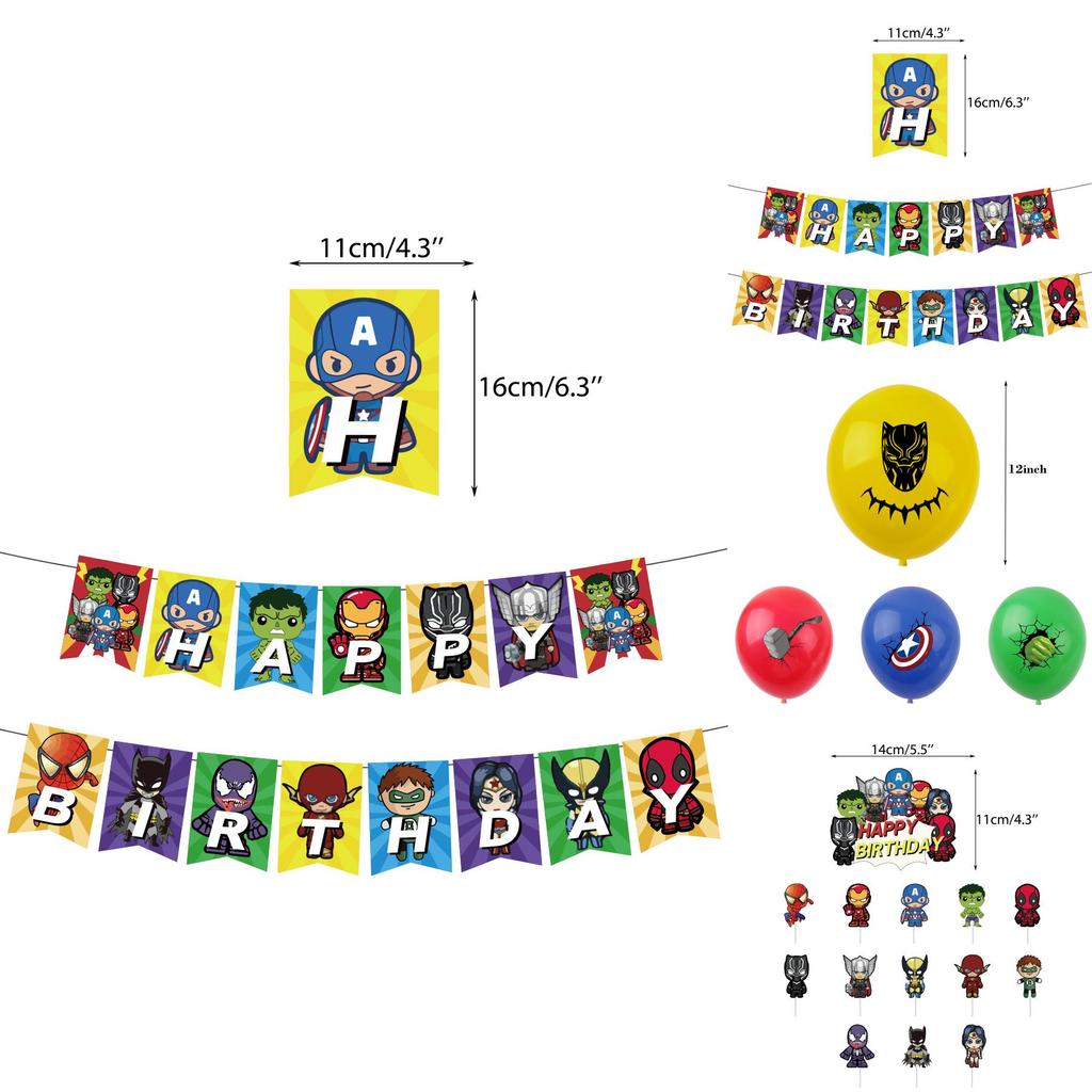 Themed Kids Birthday Party Hanging Flag Banner Decorations Balloon Cake Topper Set