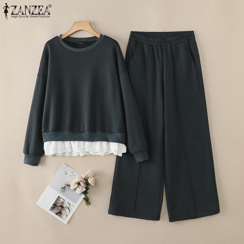 ZANZEA Womens Casual Pullover and Pants Loose Two Piece Suit Sets