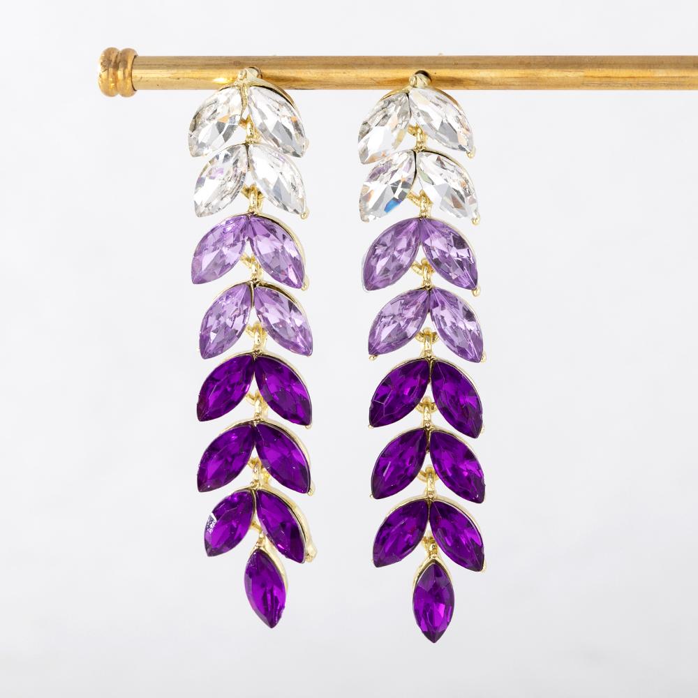Pinkdudu Fashion Purple Rhinestone Leaf Tassel Drop Earrings Romantic Luxury Plant Dangle Earring for Women Jewelry PD1231