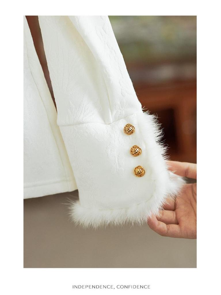 New Chinese Style Jacquard Mink Fur Trim Half-Stand Collar Women's Top for Autumn/Winter