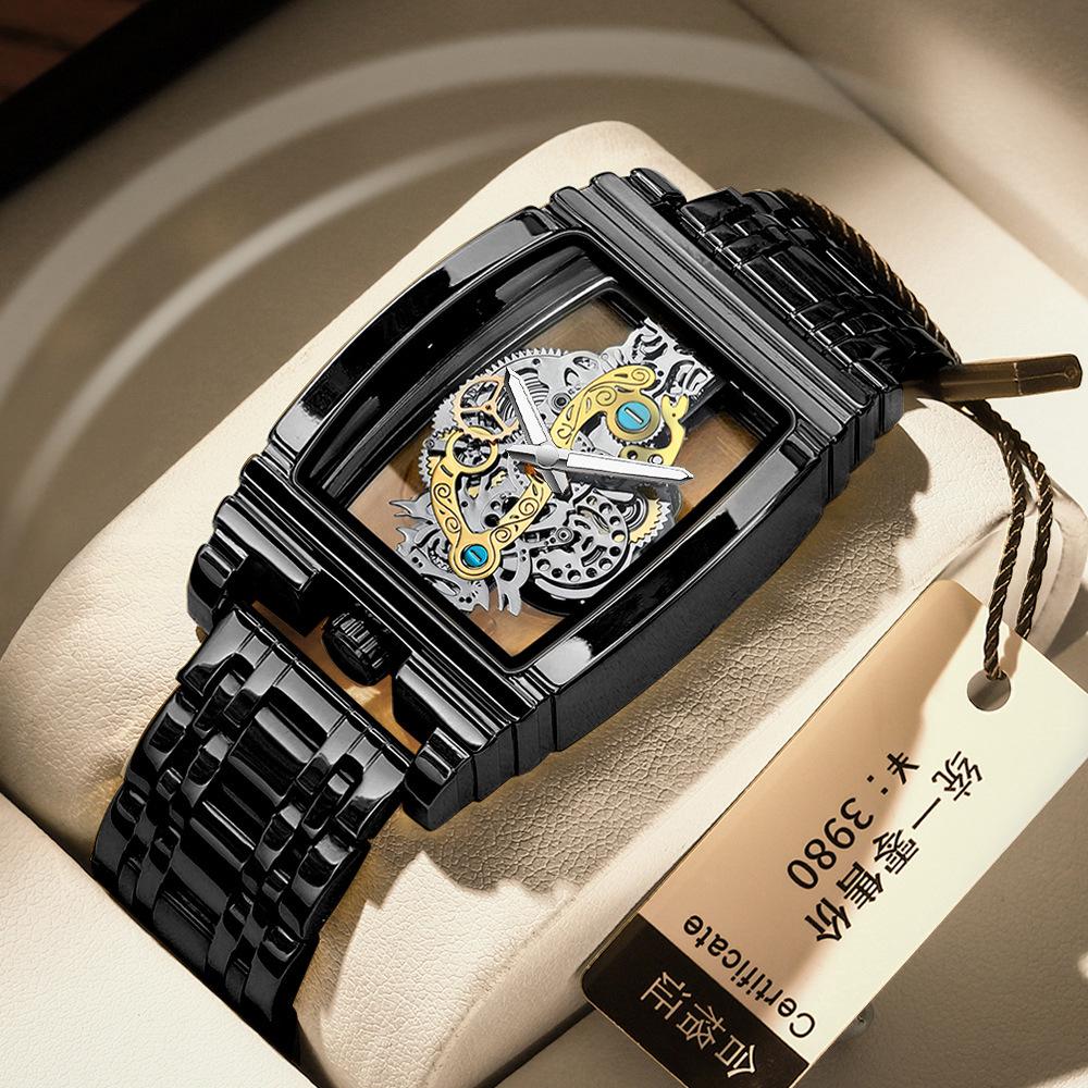 Men's Waterproof Luminous Tourbillon Leather Watch with Fashionable Motorcycle Gear Design