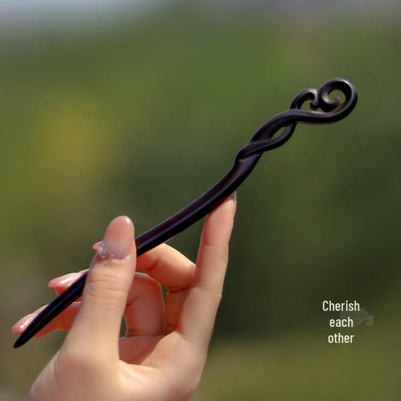 High-End Natural Ebony Wood Hairpin - Extended Chinese Ancient Style Black Hair Bun Accessory