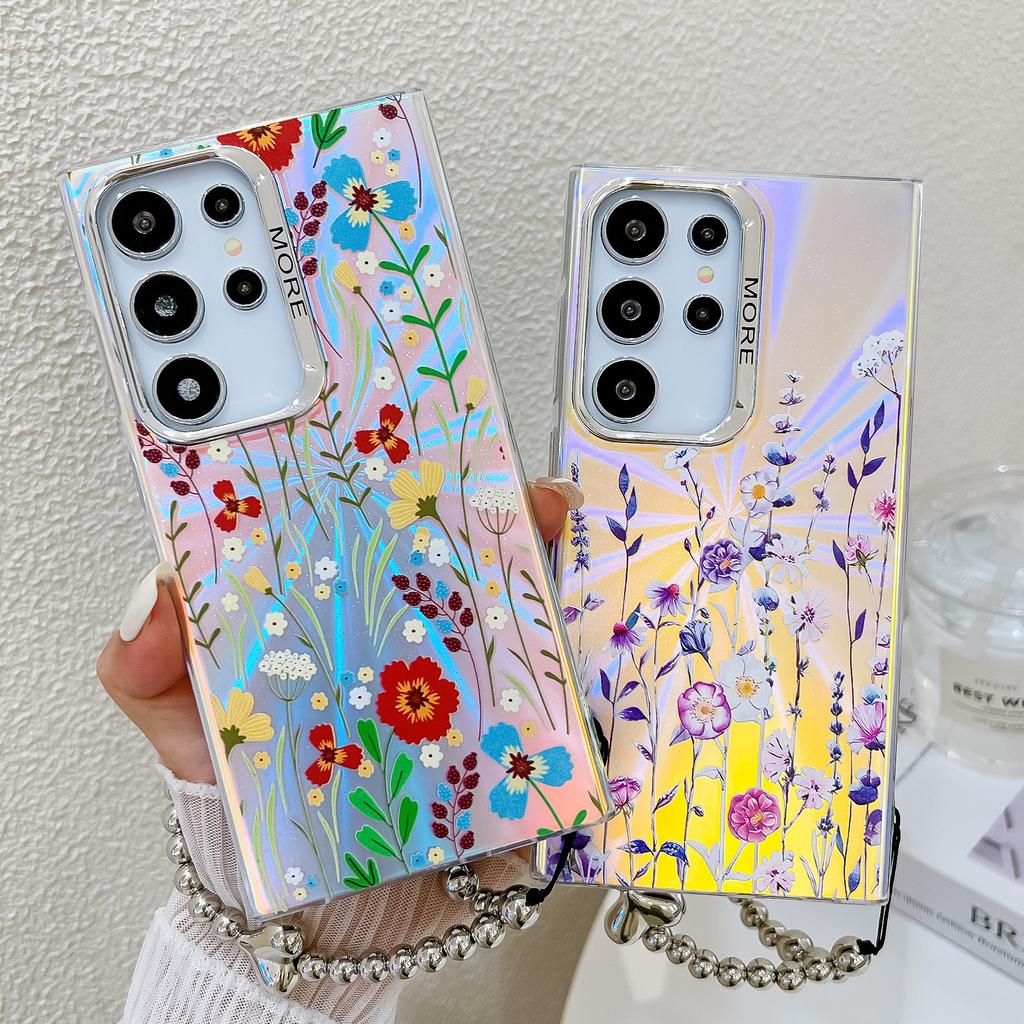 Electroplated Laser Flower S25Ultra Mobile Phone Case Suitable for Samsung A16 Pearl Bracelet S24plus Hard Case