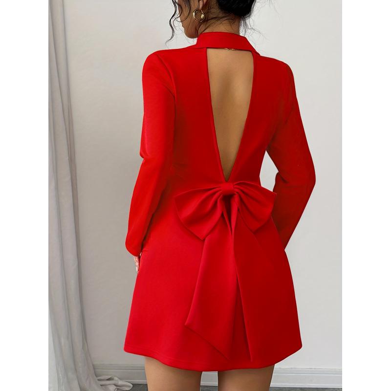 Women s Elegant Autumn/Winter Double-Breasted V-Neck Backless Suit with Bow and Long Sleeves Small красный