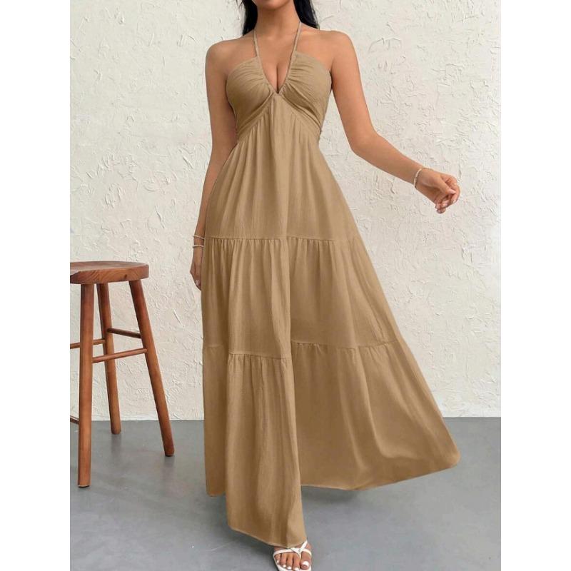 white halter v neck tiered maxi dress for women beach party and casual wear