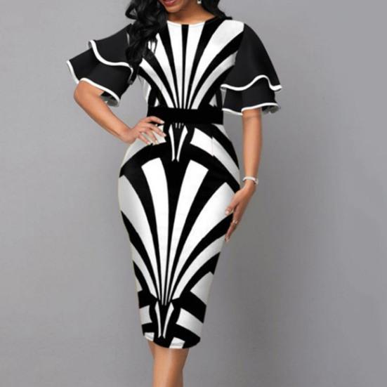Women O-neck Layer Flared Sleeve Bodycon Dress Irregular Geometric Printing Hip Wrapped Office Lady Work Dress Workwear