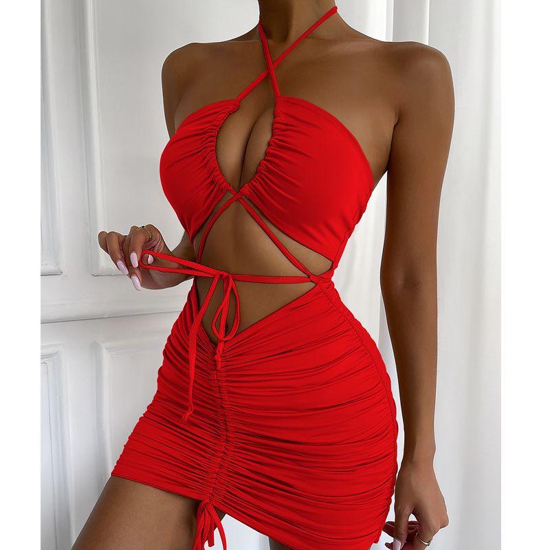 

Nice Outfit Half Milk Dress Pleated Drawstring Bodycon Dress Khaki Cut Out Short Skirt Sexy Sexy Dress Red M