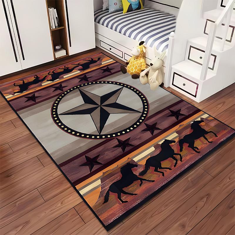 Western Star and Horse Pattern Rug Non-slip Rug Suitable for Living Room and Bedroom Sofas.