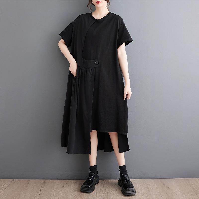 short sleeve Plus size Black cotton vintage new in dresses for women casual loose long summer dress