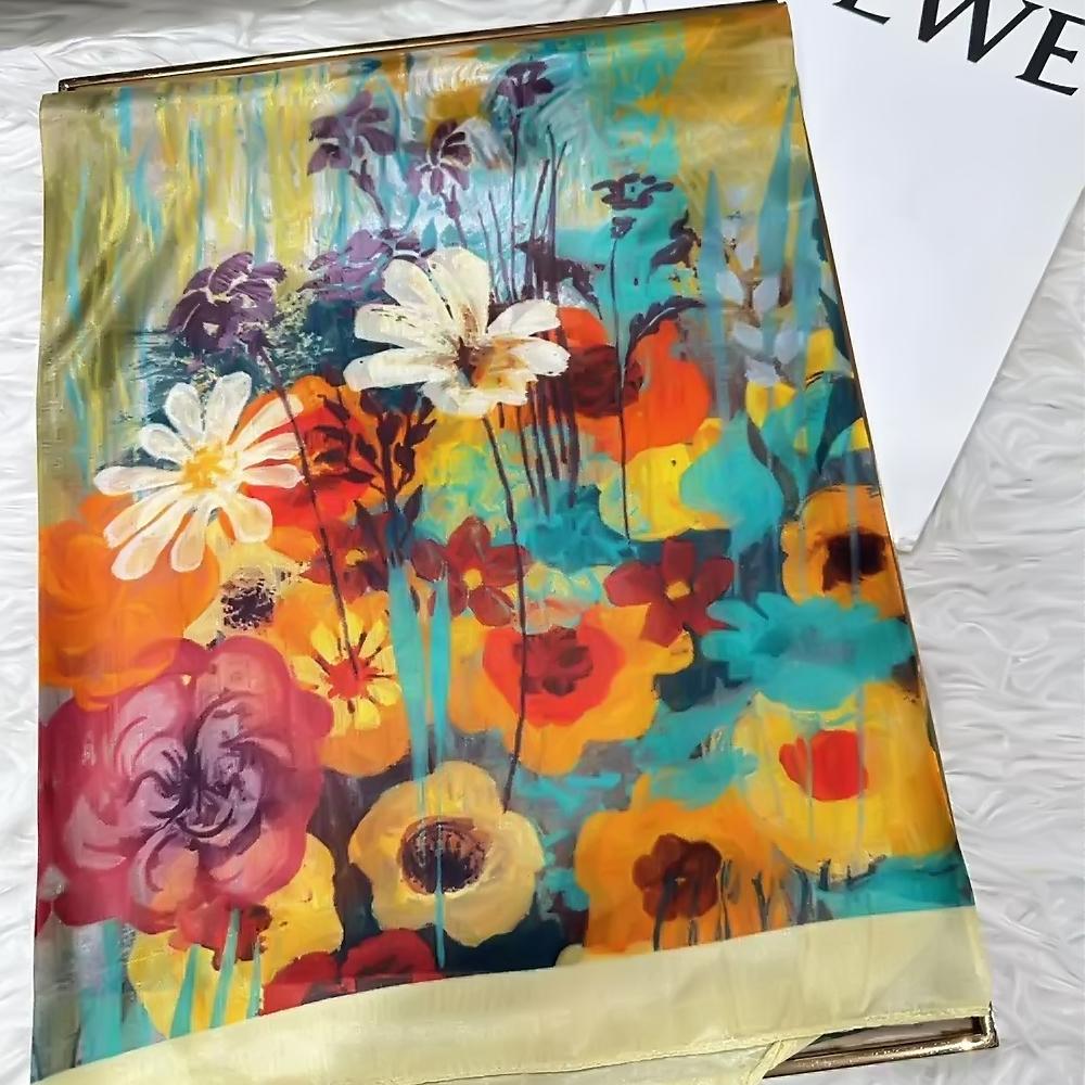 Bysifa|Beige Blue Silk Scarf Shawl Women Floral Print Scarf Cape Fall Winter 100% Mulberry Silk Long Scarves Summer Beach Shawls