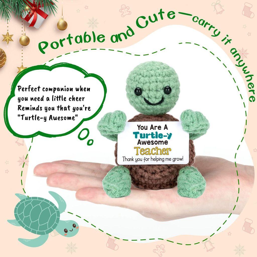 Mini Funny Turtle Positive Crochet Animals Doll With Card Desktop Ornament Emotional Support Handmade Knitted Cheer Up Toy