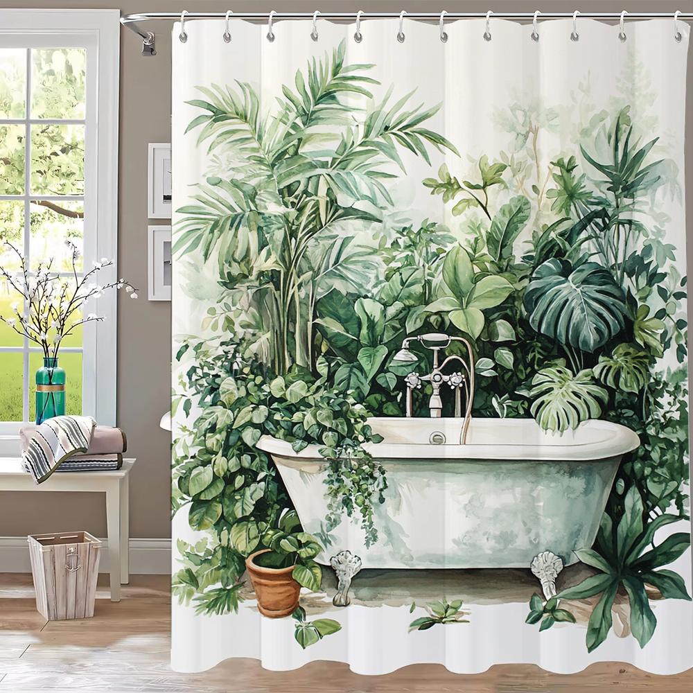 Tropical Plants Bathtub Shower Curtain, Green Leaves Art Bathroom Decorative Curtain, Printed Polyester Curtain with Hooks