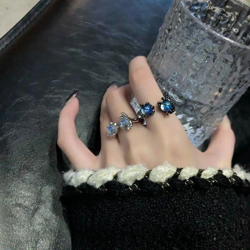 Anello Aperto Versatile Pietra di Luna Grigio Ardesia e Argento - Moda Trendy e Lussuosa per Donne e Coppie