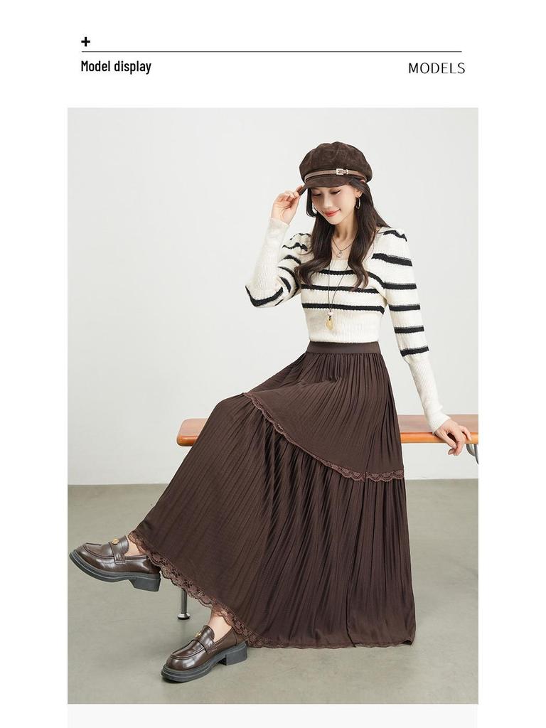 Autumn 2025 Korean-Style Lace Patchwork Pleated Skirt for Women with Elastic Waist