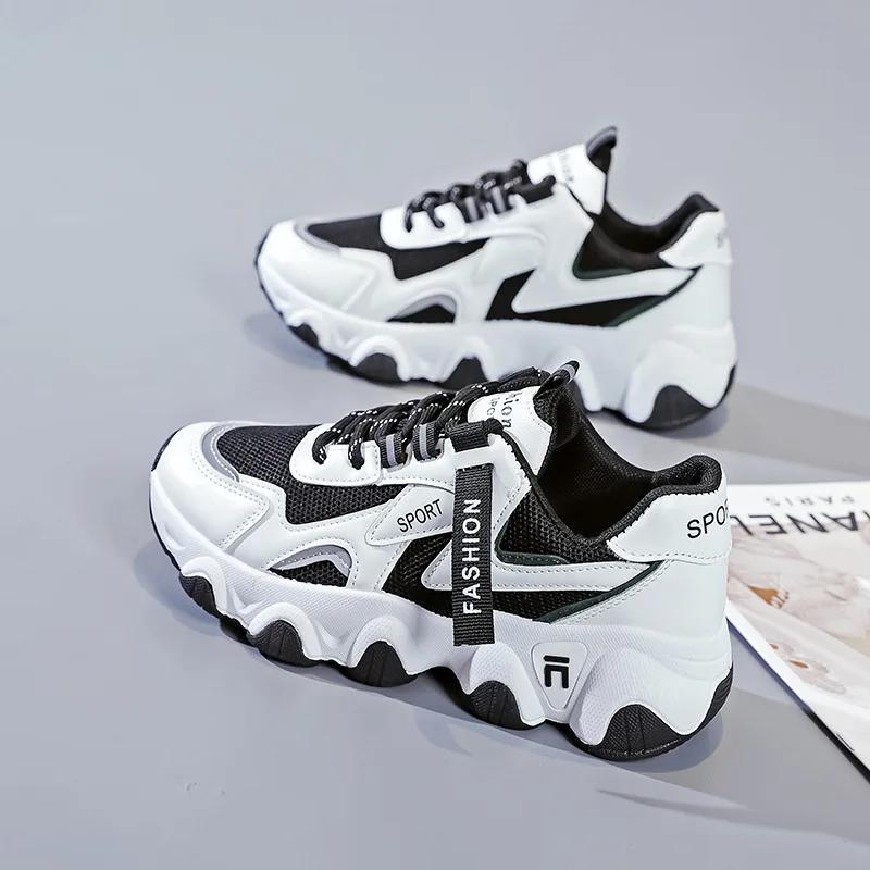 

Мода Весна Новые Дышащие Сетчатые Кроссовки Папа Женские Модные Вулканизированные Кроссовки На Толстой Подошве Студенческие Женские Кроссовки для Бега Zapatillas Mujer 35 чёрный