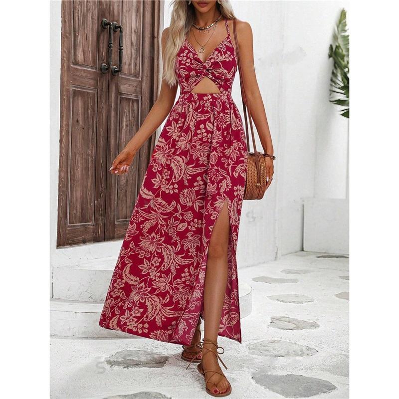 Women's Summer New Style Hollow Twisted Pleated Halter Printed Dress Temperament Romantic Beach Casual Long Skirt
