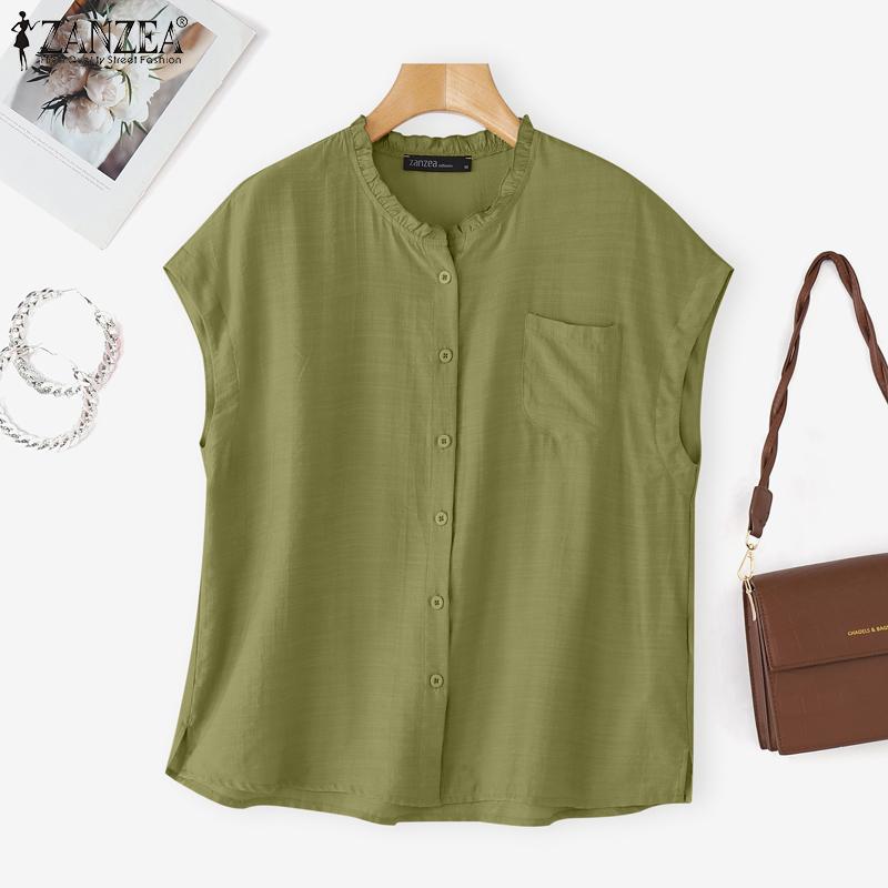 

ZANZEA Oversized Women Blouse Ruffled Round Neck Short Sleeve Button Down Solid Casual Tops S зелений