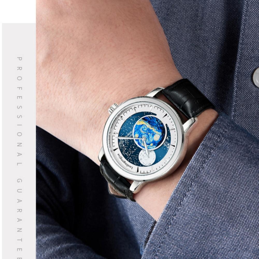 Mode Luxus Leder Automatik Leuchtende Sportuhr Herren Mondphase Sternenhimmel Kunst Zifferblatt Design Mechanische Uhr