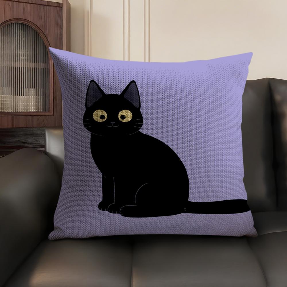 Little Black Cat Cushion Cover Summer Breathable Linen Organic Fabric Double-Sided Printing Sofa Pillow Case Home Decor