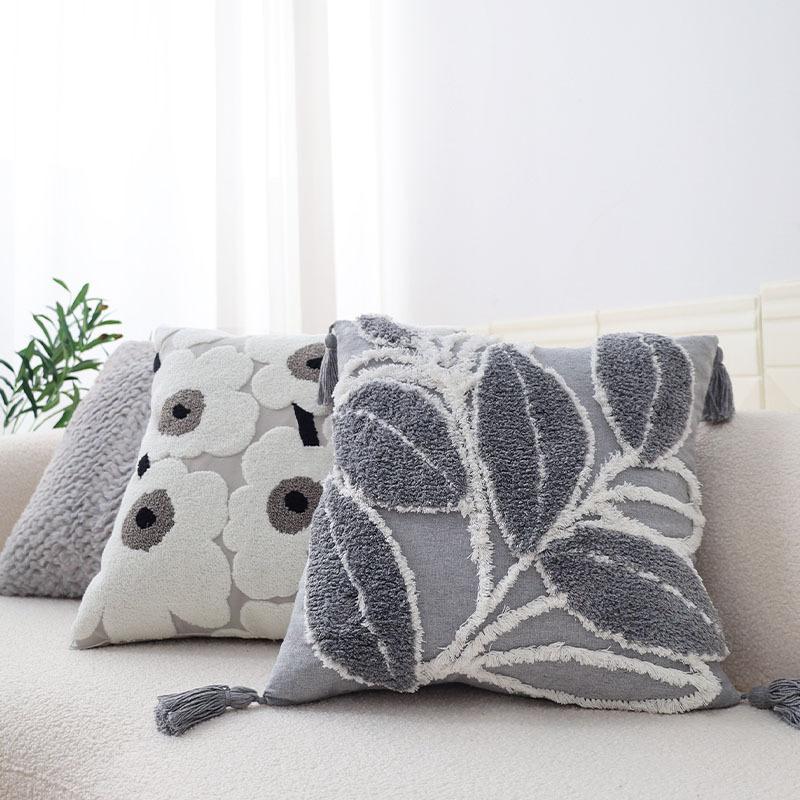 Gray Pillow Tufted Tassel Pillow Moroccan Sofa Cushion Ethnic Retro Style Model Room Decorative Cushion