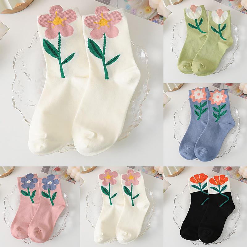 Cotton Women Socks Casual Breathable Japanese Korean Style Cartoon Flower Candy Color  Female Middle Tube Sock
