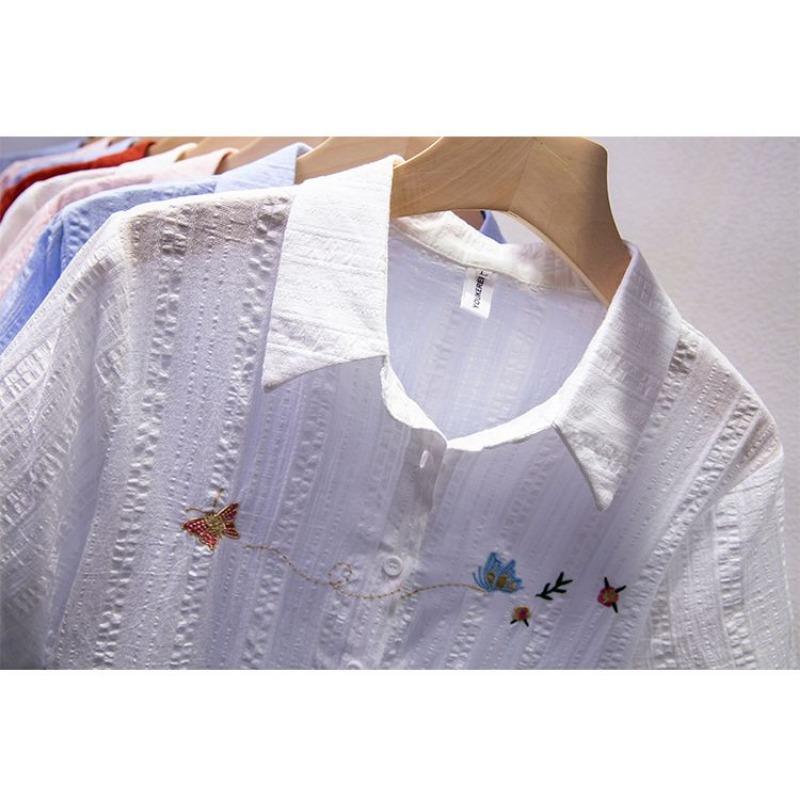 Women's White Butterfly Floral Embroidered Textured Short Sleeve Button Down Shirt Casual Blouse