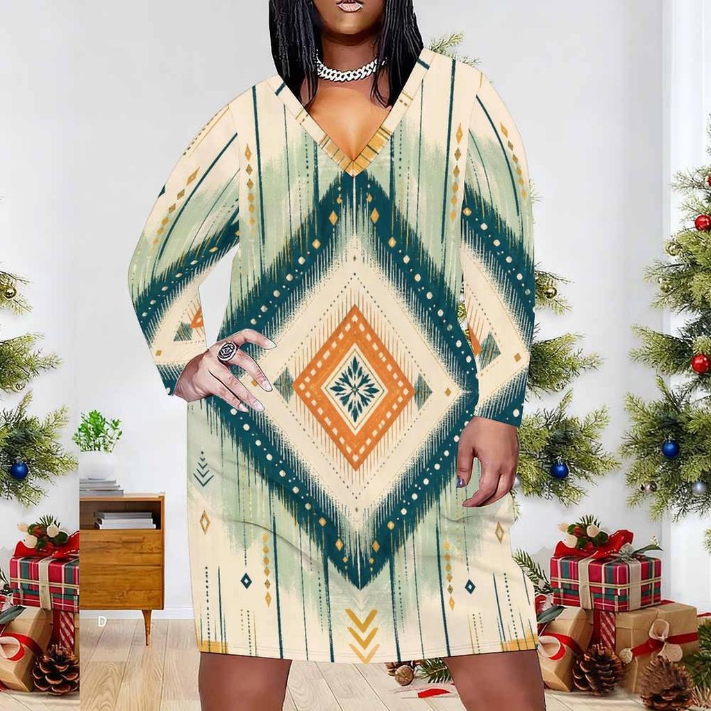 Women Plus Size V Neck Long Sleeve Light Blue Printed Fitted Straight Dress