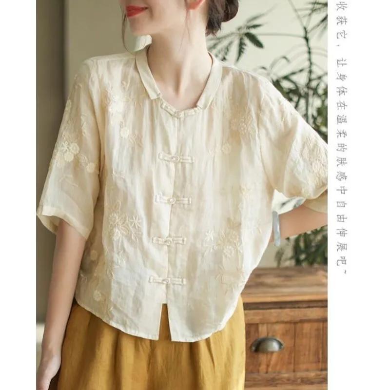 Women's Linen Blend Blouse Chinese Style Frog Button Round Neck 3/4 Sleeve Embroidered Loose Casual Top