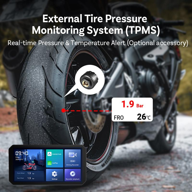 OTTOCAST C6 Wireless CarPlay Android Auto Motorcycle Screen with DVR TPMS IP67 Waterproof 6 inch Motorcycle Touchscreen