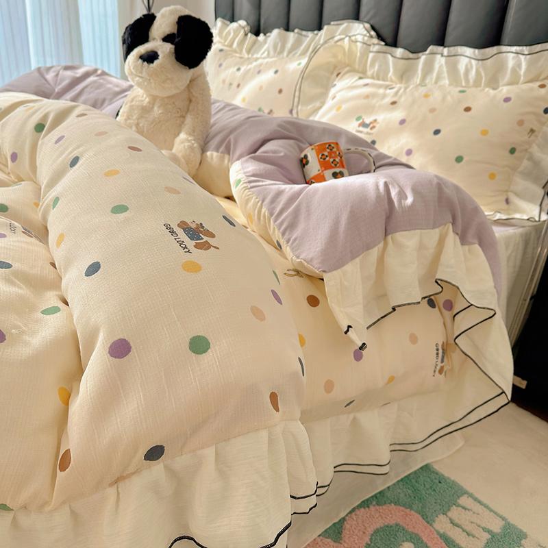 Sleep Grid Double-layer Yarn Wrinkled Yarn Korean Fresh Style Bed Skirt Four Piece Set