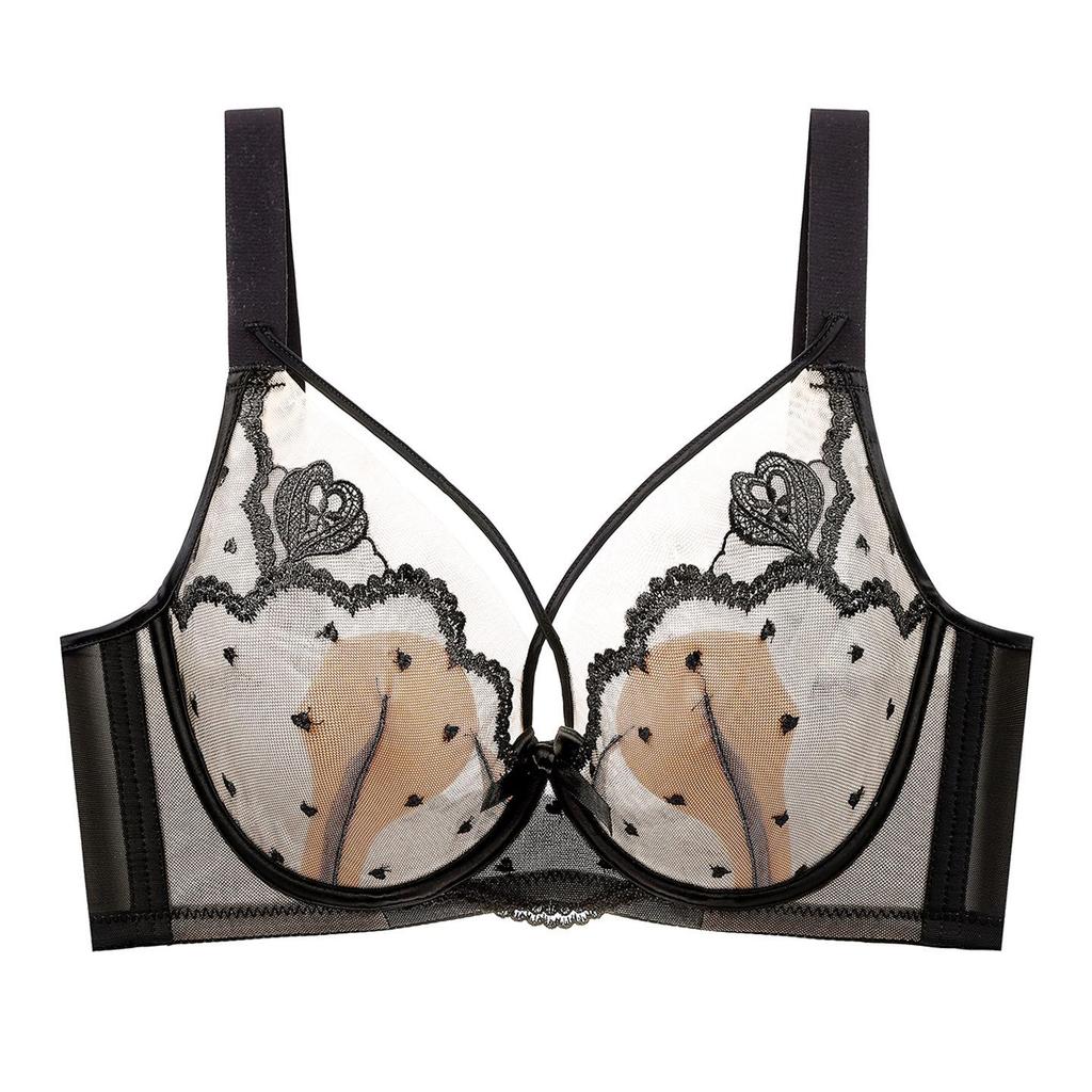 French Style Ultra-Thin Breathable Large Bust Minimizing Push-Up Bra with Soft Underwire and Rabbit Ear Crystal Cup