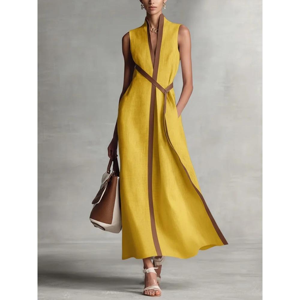 Damen Standkragen Ärmellos Unifarben Kontrastbänder Wickelgürtel Leinenmischung Maxikleid Elegant Pendler Täglich Urlaub Langes Sommerkleid