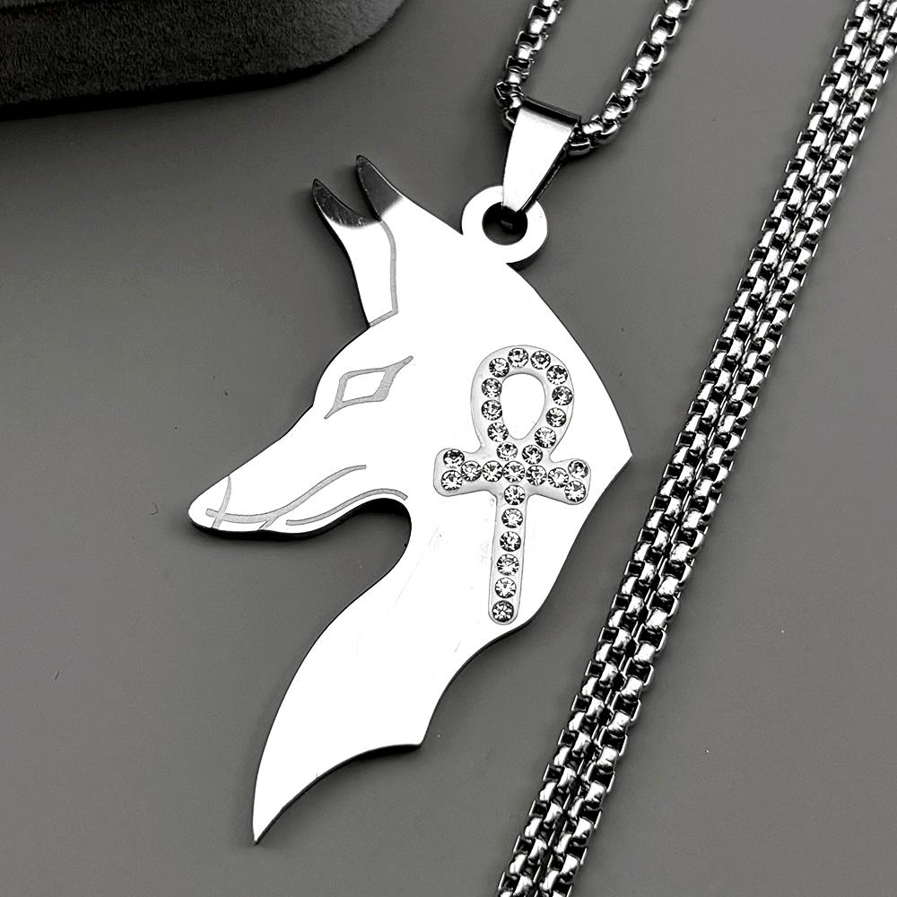 Anubis Egyptian Rhinestones Ankh Cross Symbol Stainless Steel Pendant Necklace for Women Men Gold Color Chain Necklaces Jewelry