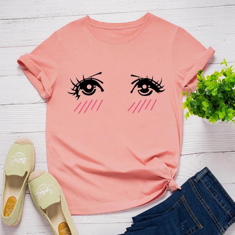 Cute Eyes Shy Face Print Women T Shirt Short Sleeve O Neck Loose Women Tshirt Ladies Tee Shirt Tops Clothes Camisetas Mujer