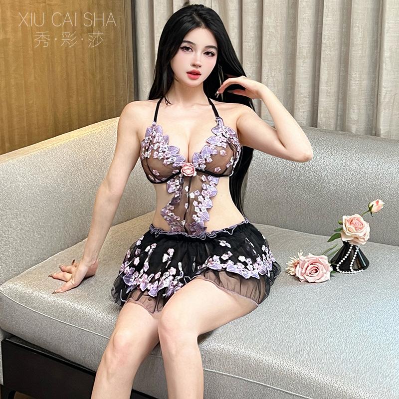 Xiucaisha pure lace floral embroidery suspender tutu skirt waist thin perspective sex underwear empty pajamas
