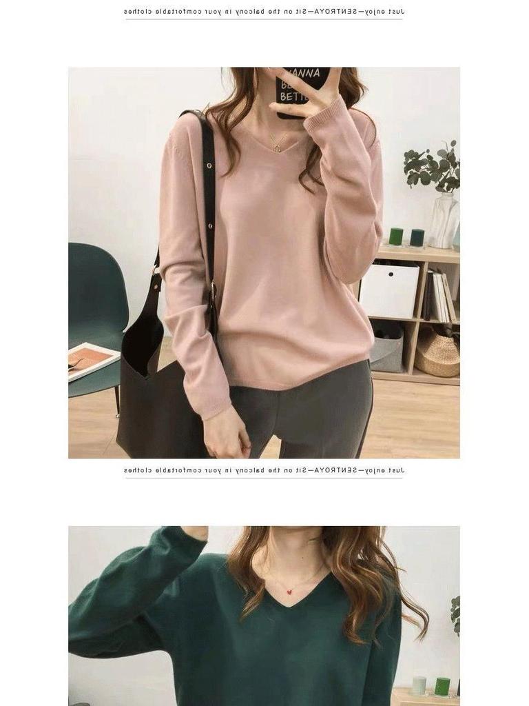 Women's V-Neck Knit Sweater: Large Size, Loose Fit, Slimming, Solid Color, Perfect for Early Autumn and Winter