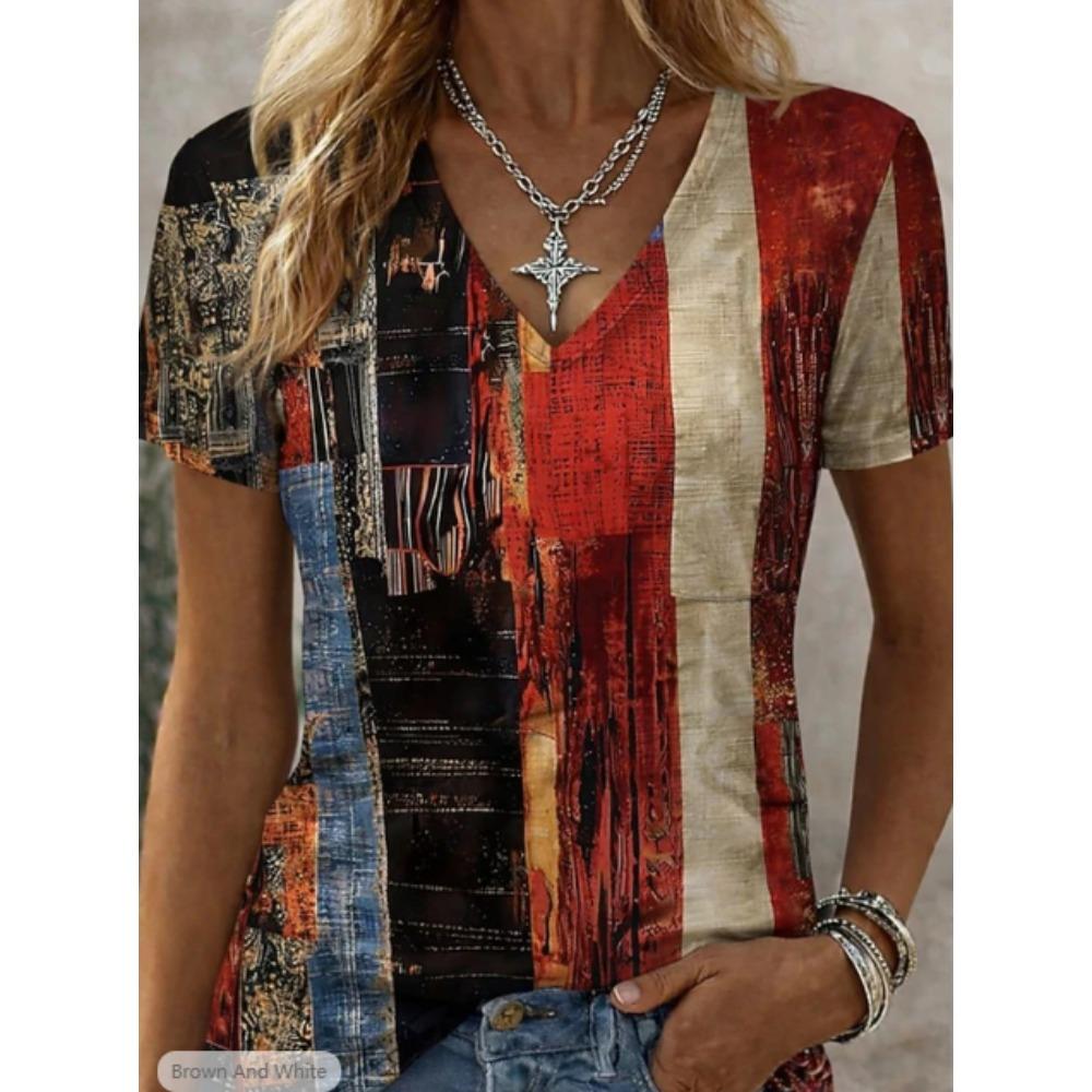 Women Summer T Shirt  Abstract Geometric Pattern Print Short Sleeve Tees Casual Printed Tops