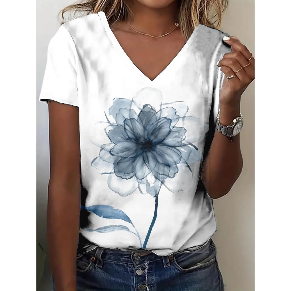 Women's T Shirt Summer Tops Print Floral Graphic Classic Casual Short Sleeve V Neck Crop Tops Daily