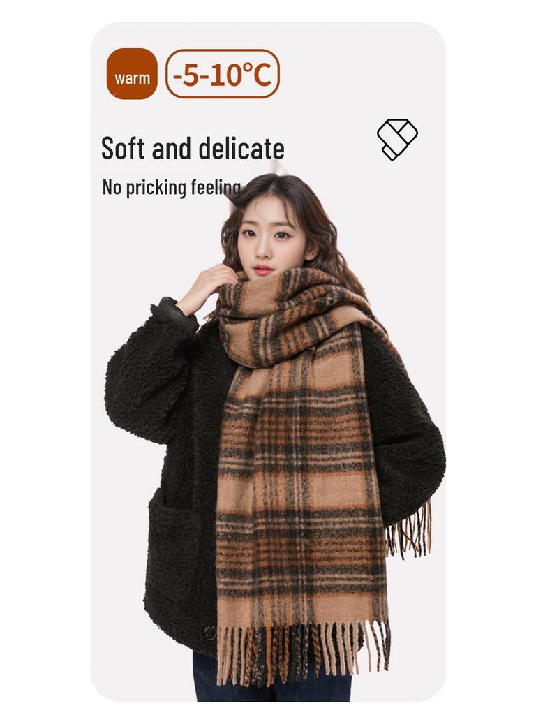 2025 Retro Korean Style Women's Warm Plaid Scarf & Shawl in Brown