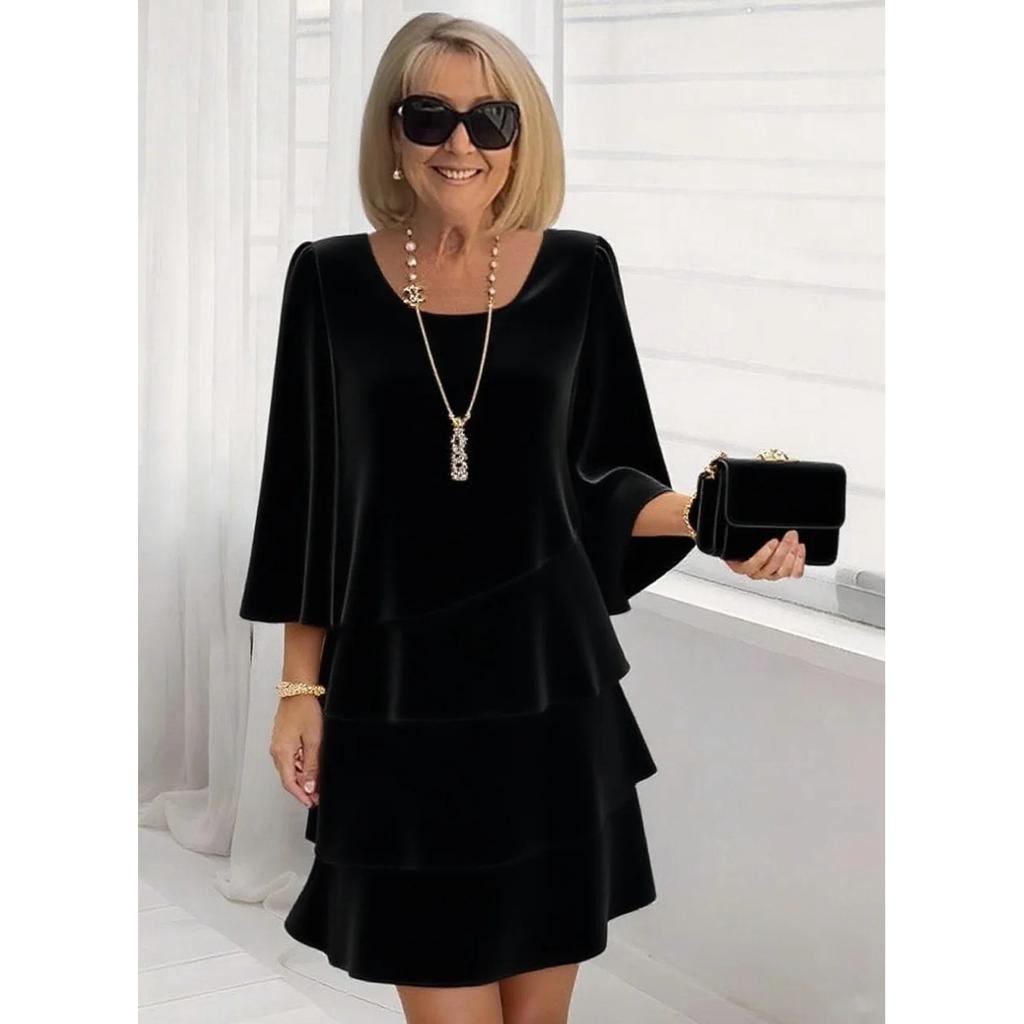 Women's Tiered Chiffon Cocktail Dress Square Neck 3/4 Bell Sleeve Party Dress