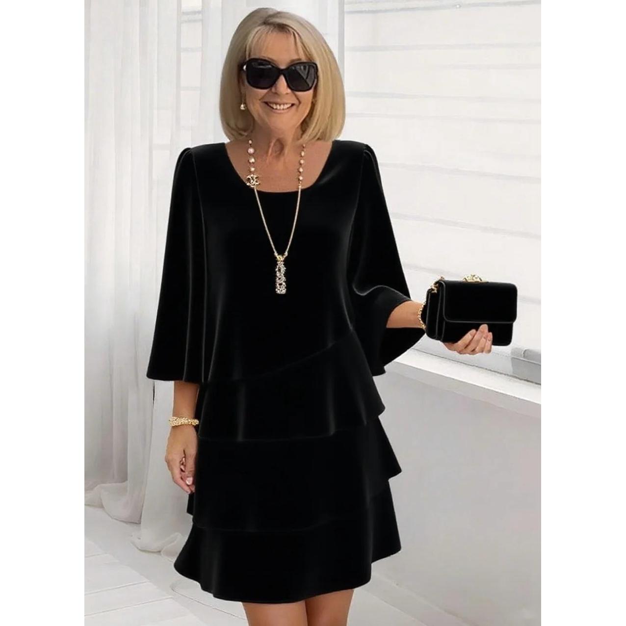 

Women s Tiered Chiffon Cocktail Dress Square Neck 3/4 Bell Sleeve Party Dress S чорний