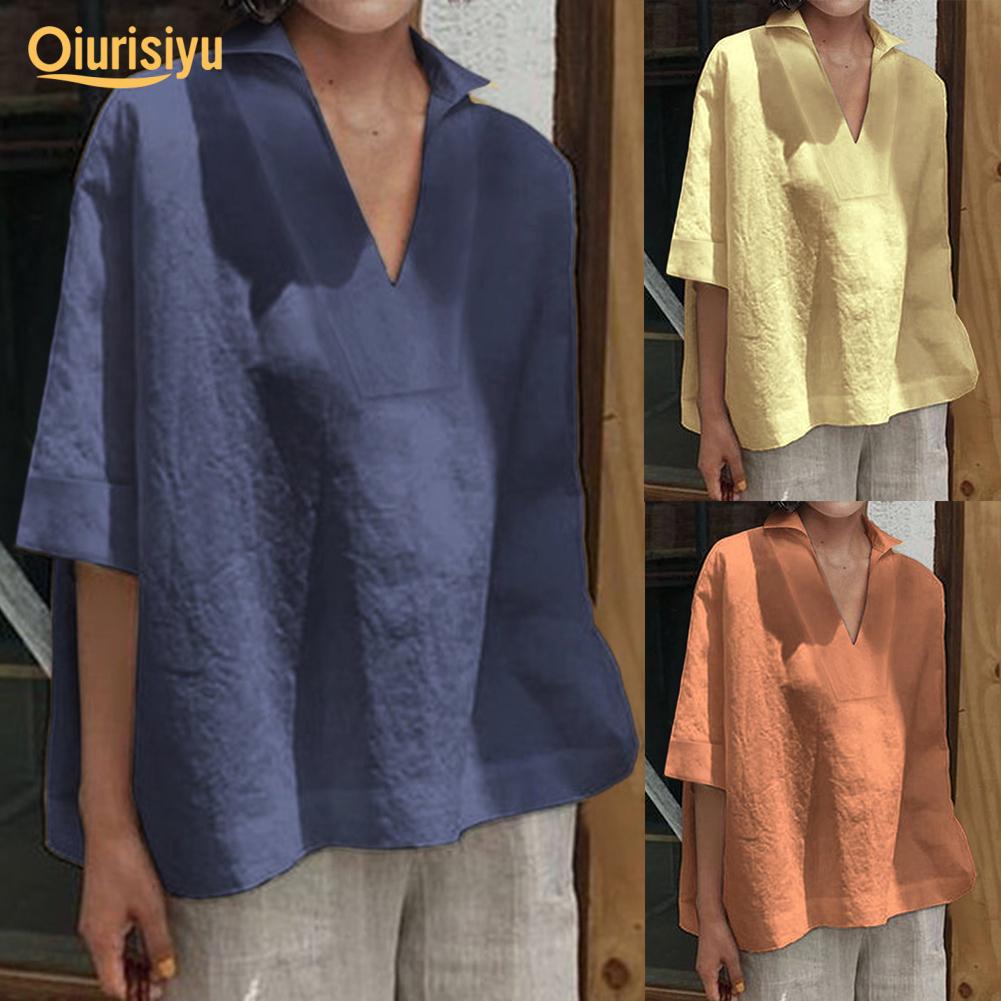 Buy Women Summer Casual Solid Color Deep V Neck Half Sleeve Loose Shirt ...