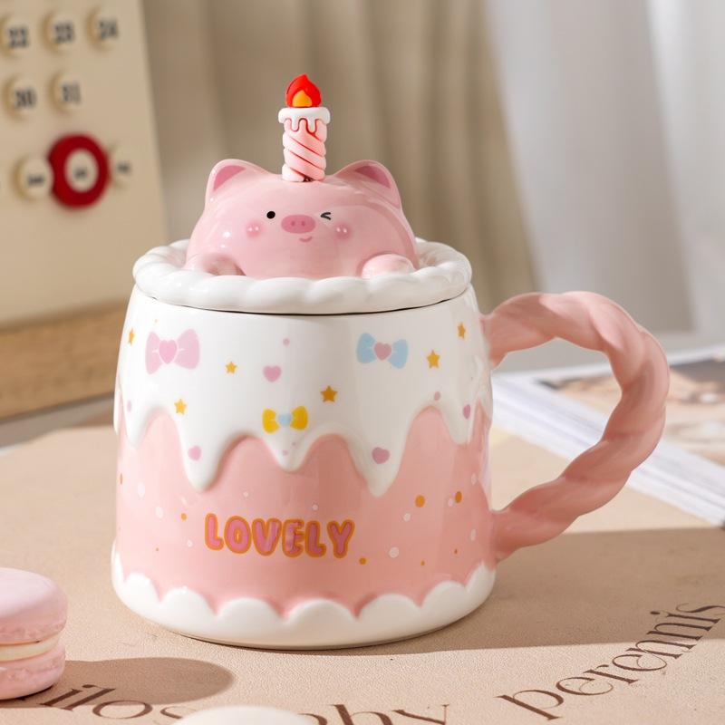 Roztomilý hrnek na narozeninový dort s víčkem a lžičkou, kreslený zvířátkový keramický hrnek na kávu, vysoce vypadající kancelářský hrnek na vodu