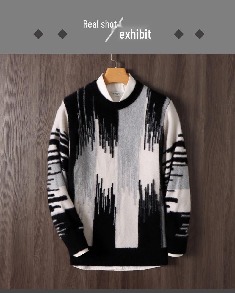 Men's 100% Pure Wool Round Neck Gradient Sweater - Thick, Loose Fit for Business Casual.