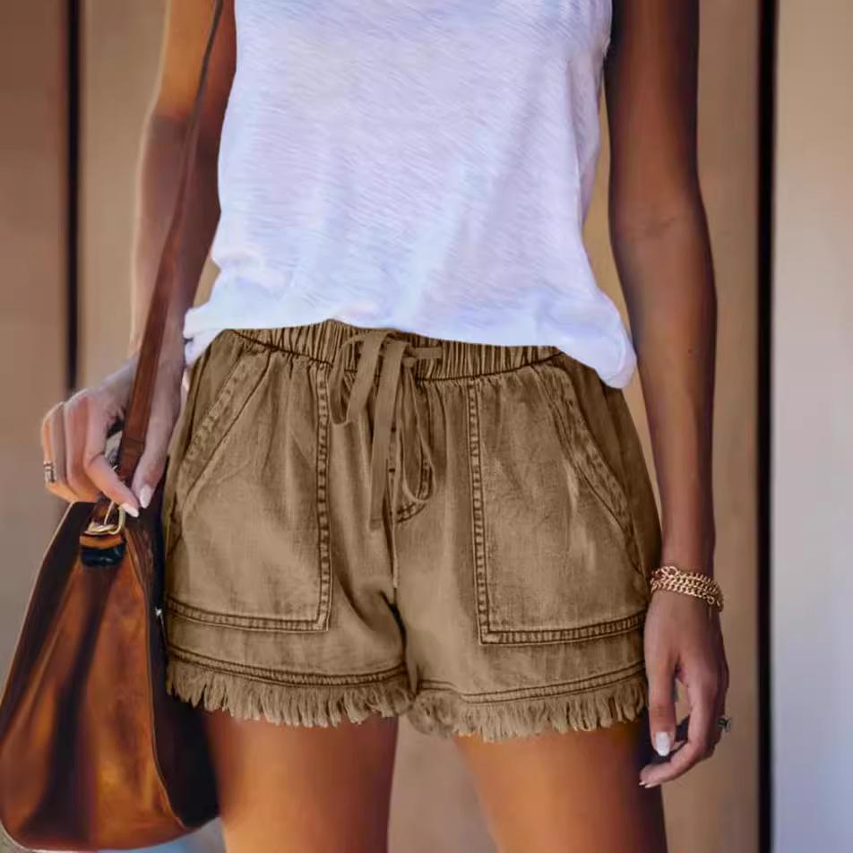 Women's Elastic Waist Tassel Denim Shorts