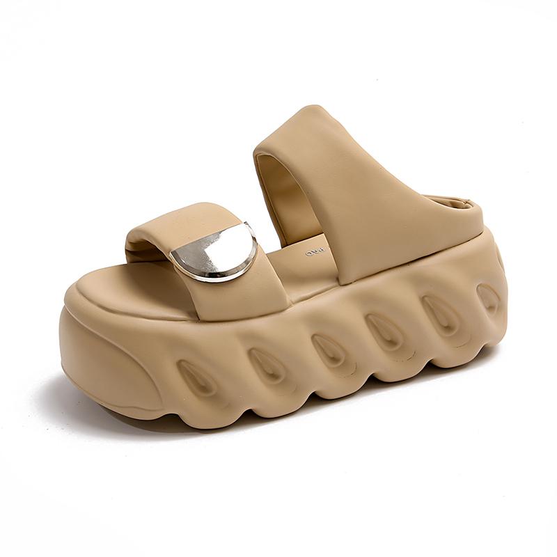 Modne Klapki Damskie na Platformie 7,5 CM Letnia Moda Nowość Zwiększające Skórzane Sandały Codzienne Miękkie Klapki Muffin Obcasy Buty Plażowe